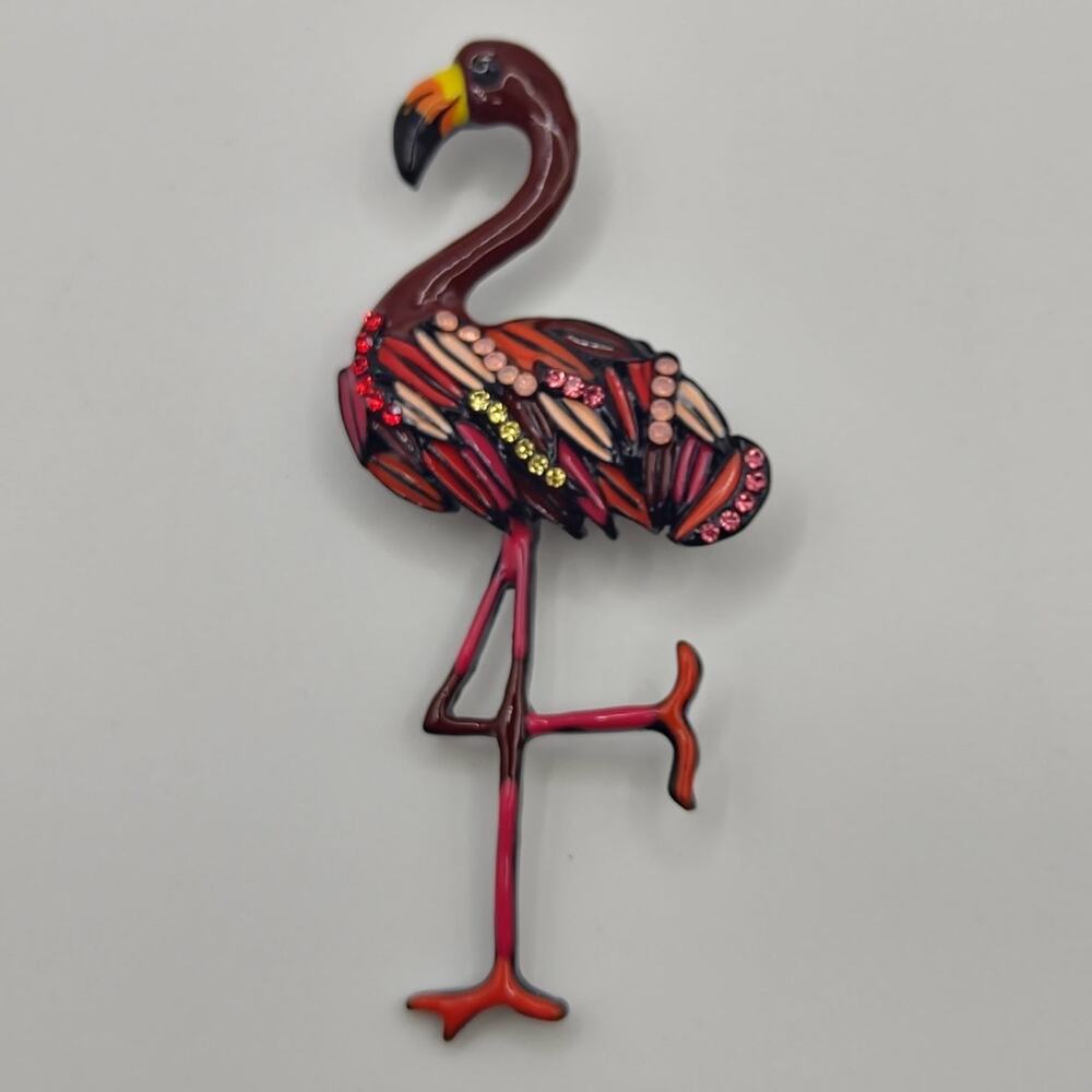 Flamingo Brooch Reds Pinks Enamel With Rhinestone Accents